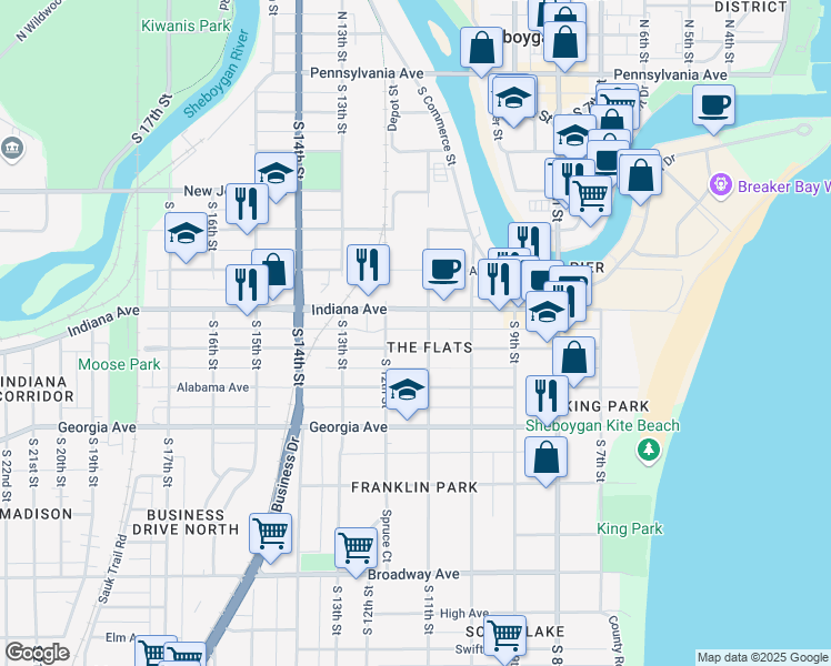 map of restaurants, bars, coffee shops, grocery stores, and more near 1111 Indiana Avenue in Sheboygan