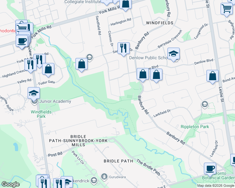 map of restaurants, bars, coffee shops, grocery stores, and more near 27 Penwood Crescent in Toronto