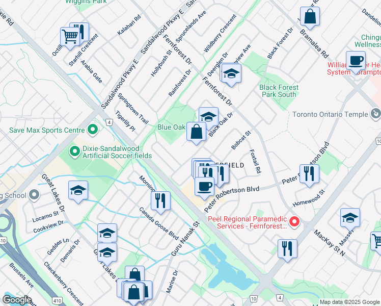 map of restaurants, bars, coffee shops, grocery stores, and more near 75 Black Oak Drive in Brampton