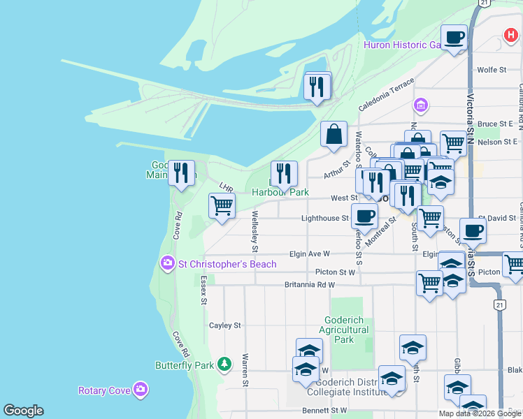map of restaurants, bars, coffee shops, grocery stores, and more near 5 Cobourg Street in Goderich