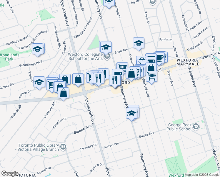 map of restaurants, bars, coffee shops, grocery stores, and more near 1765 Lawrence Avenue East in Toronto