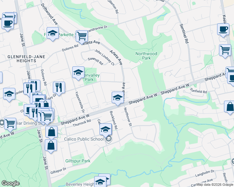 map of restaurants, bars, coffee shops, grocery stores, and more near 5 Thwaite Avenue in Toronto