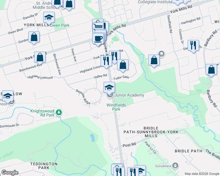 map of restaurants, bars, coffee shops, grocery stores, and more near 2466b Bayview Avenue in Toronto