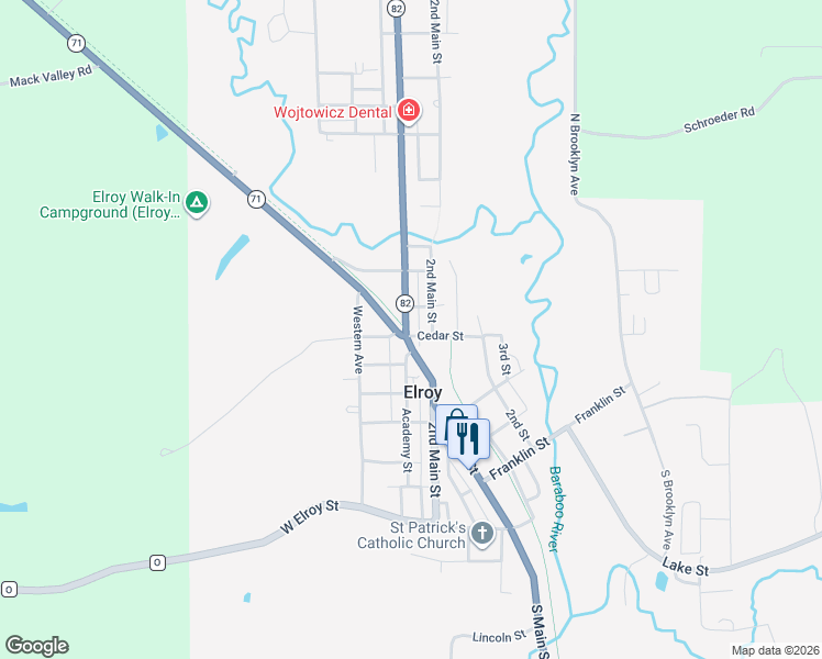 map of restaurants, bars, coffee shops, grocery stores, and more near 712 Academy Street in Elroy