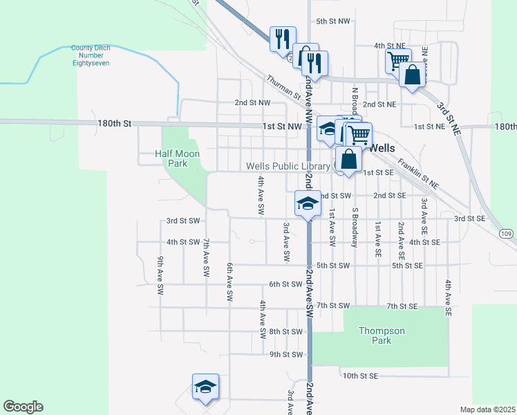 map of restaurants, bars, coffee shops, grocery stores, and more near 250 4th Avenue Southwest in Wells