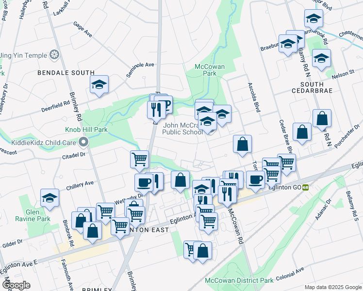 map of restaurants, bars, coffee shops, grocery stores, and more near 27 Savarin Street in Toronto