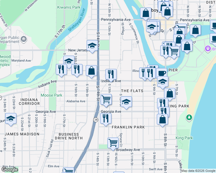 map of restaurants, bars, coffee shops, grocery stores, and more near 1235 Indiana Avenue in Sheboygan