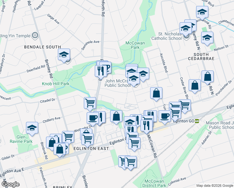 map of restaurants, bars, coffee shops, grocery stores, and more near 27 Savarin Street in Toronto