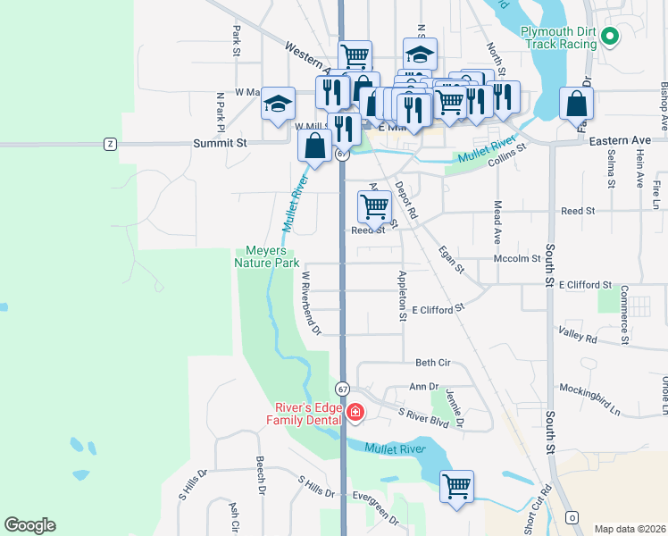 map of restaurants, bars, coffee shops, grocery stores, and more near 229 South Milwaukee Street in Plymouth