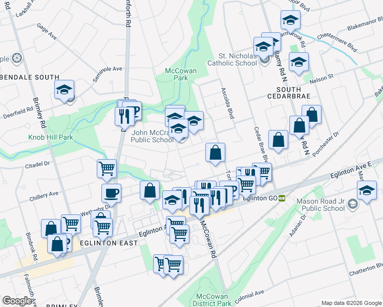 map of restaurants, bars, coffee shops, grocery stores, and more near 16 Fred Bland Crescent in Toronto