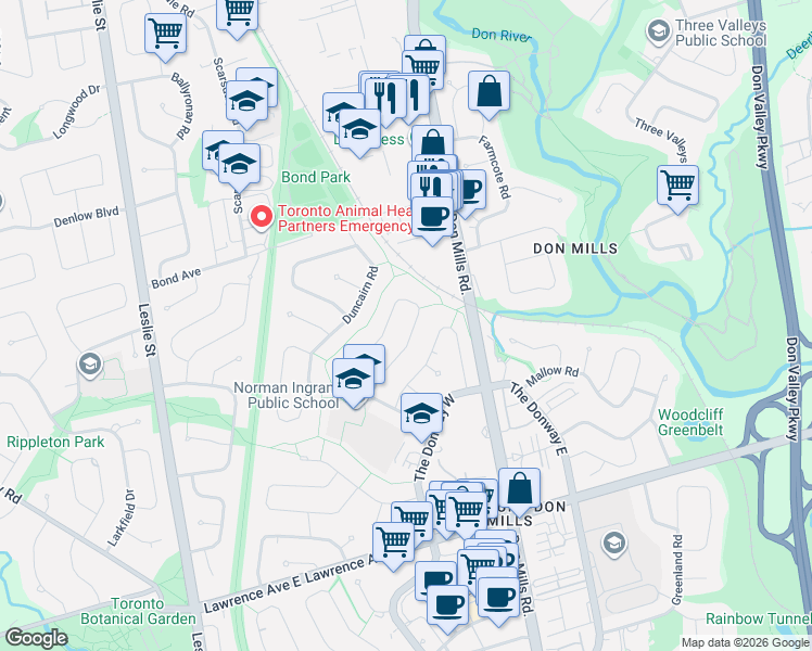 map of restaurants, bars, coffee shops, grocery stores, and more near 73 Berkinshaw Crescent in Toronto