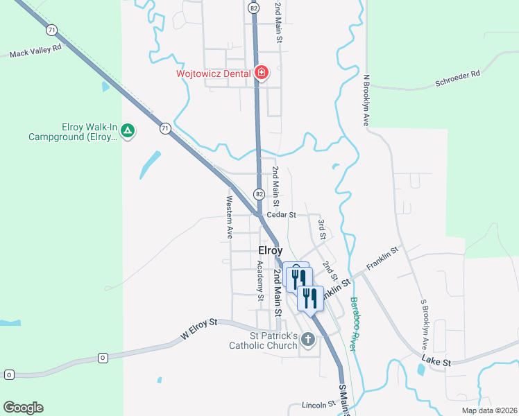 map of restaurants, bars, coffee shops, grocery stores, and more near 712 Academy Street in Elroy