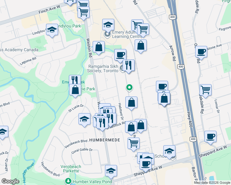 map of restaurants, bars, coffee shops, grocery stores, and more near 76 Habitant Drive in Toronto