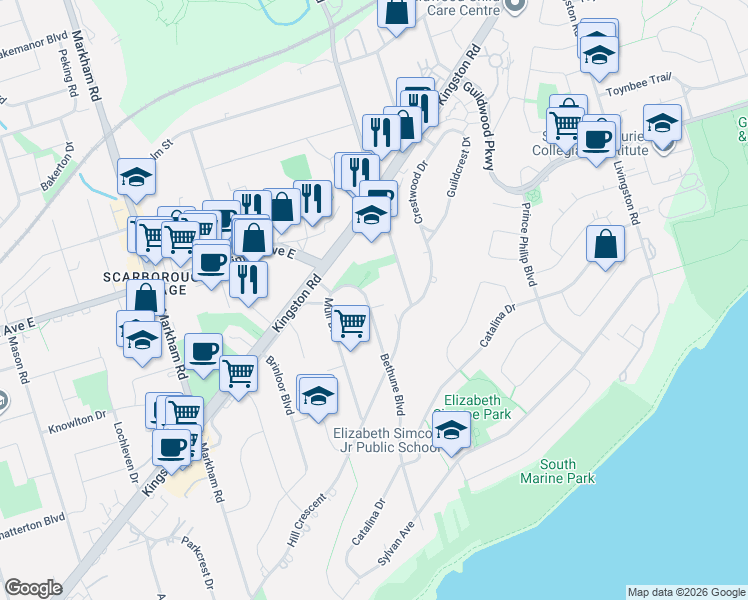 map of restaurants, bars, coffee shops, grocery stores, and more near in Toronto