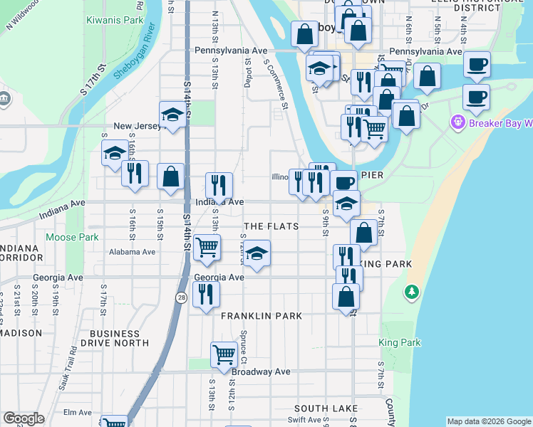 map of restaurants, bars, coffee shops, grocery stores, and more near 1111 Indiana Avenue in Sheboygan