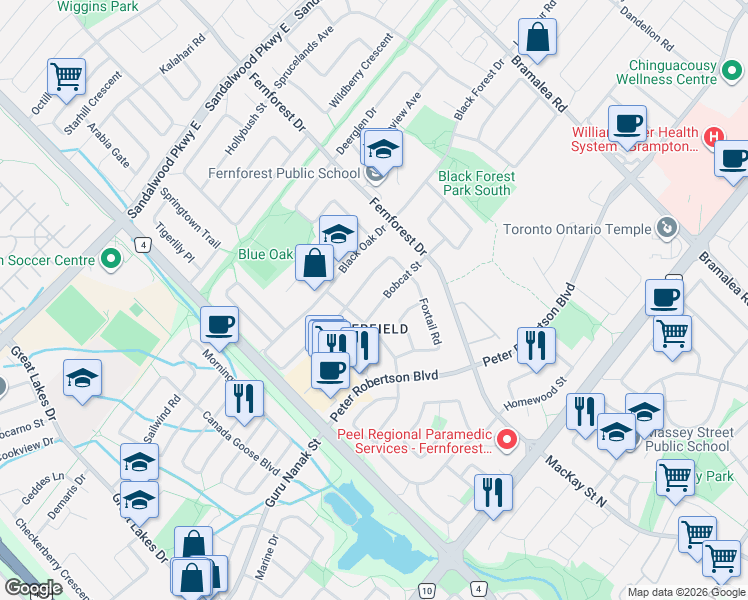 map of restaurants, bars, coffee shops, grocery stores, and more near 31 Bobcat Street in Brampton