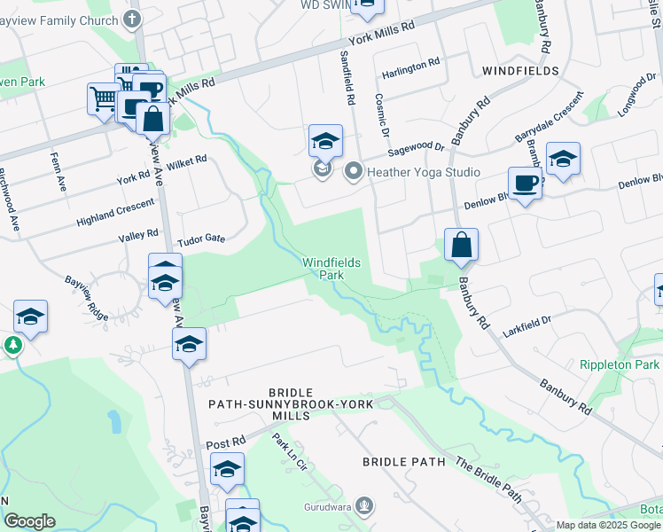 map of restaurants, bars, coffee shops, grocery stores, and more near 120 Banbury Road in Toronto