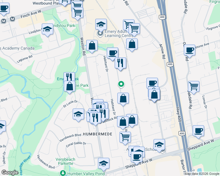 map of restaurants, bars, coffee shops, grocery stores, and more near 76 Habitant Drive in Toronto