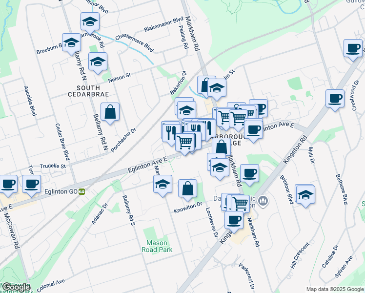 map of restaurants, bars, coffee shops, grocery stores, and more near 3150 Eglinton Avenue East in Toronto