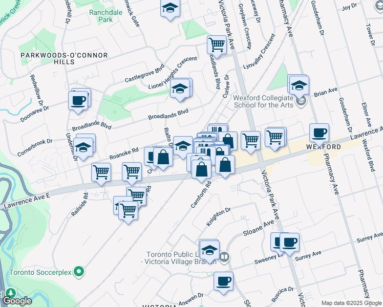 map of restaurants, bars, coffee shops, grocery stores, and more near in Toronto
