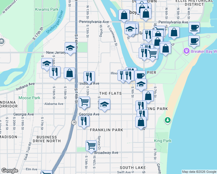 map of restaurants, bars, coffee shops, grocery stores, and more near 1111 Indiana Avenue in Sheboygan