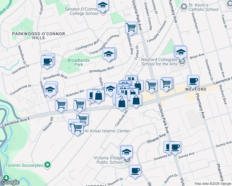 map of restaurants, bars, coffee shops, grocery stores, and more near 73 Curlew Drive in Toronto