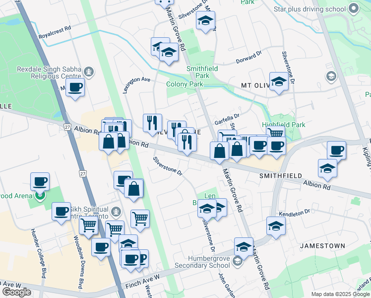 map of restaurants, bars, coffee shops, grocery stores, and more near 1694 Albion Road in Toronto