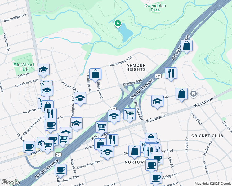 map of restaurants, bars, coffee shops, grocery stores, and more near 96 Armour Boulevard in Toronto