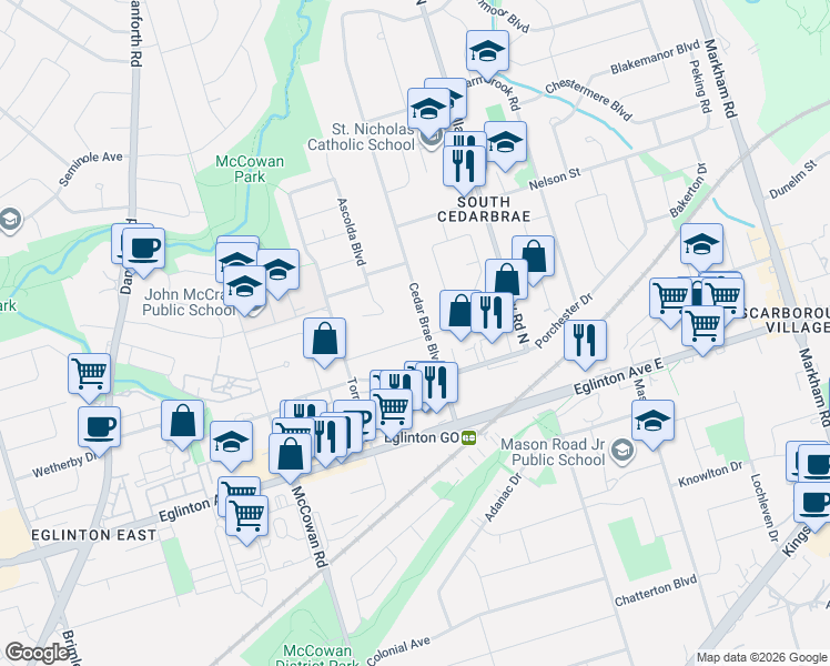 map of restaurants, bars, coffee shops, grocery stores, and more near 24 Cedar Brae Boulevard in Toronto