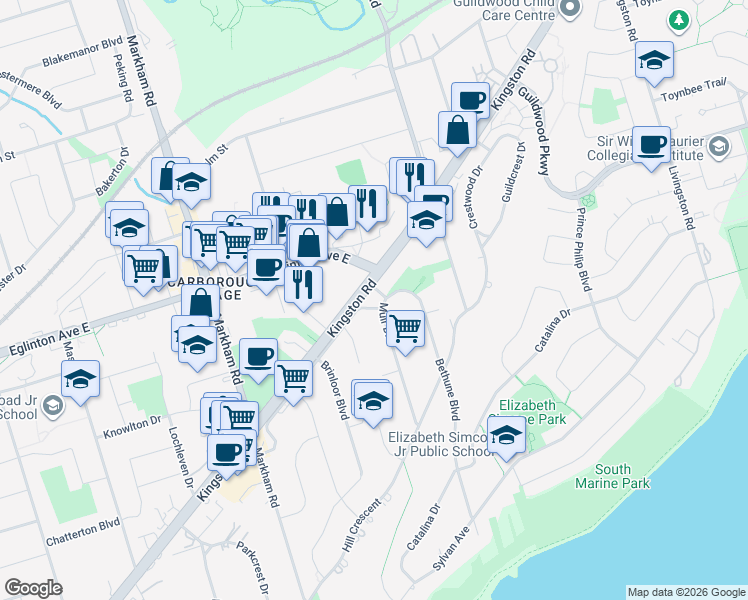 map of restaurants, bars, coffee shops, grocery stores, and more near 3655 Kingston Road in Toronto