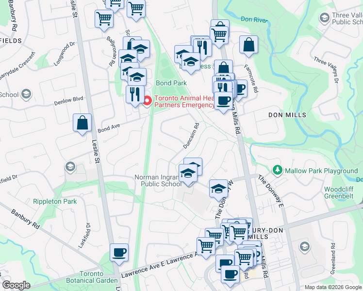 map of restaurants, bars, coffee shops, grocery stores, and more near 2 Addison Crescent in Toronto