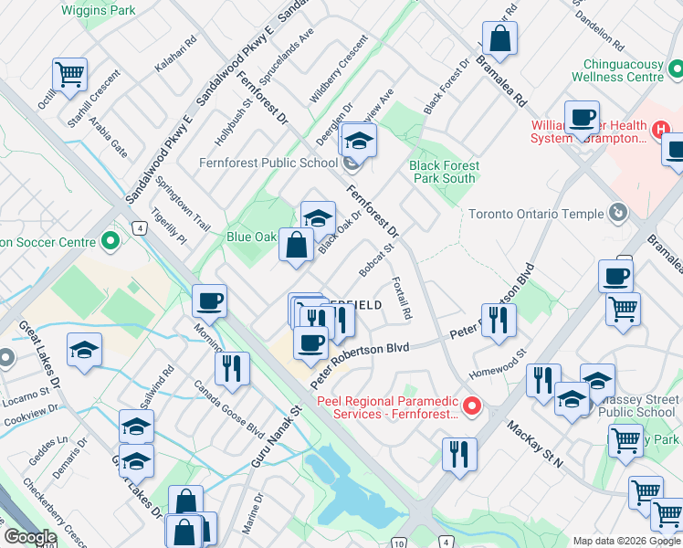 map of restaurants, bars, coffee shops, grocery stores, and more near 56 Horned Owl Drive in Brampton