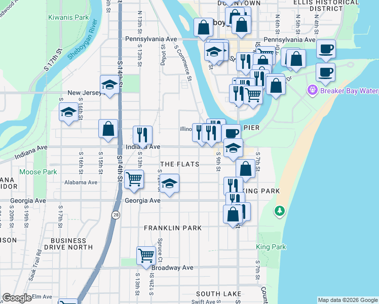 map of restaurants, bars, coffee shops, grocery stores, and more near 1017 Indiana Ave in Sheboygan