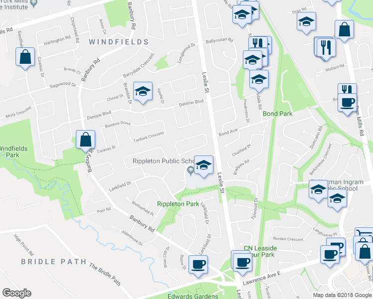 map of restaurants, bars, coffee shops, grocery stores, and more near 75 Grangemill Crescent in Toronto