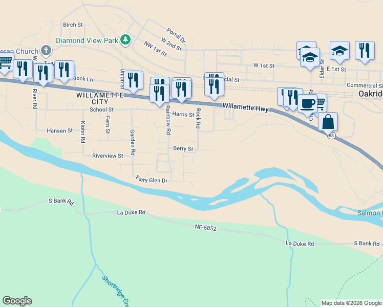 map of restaurants, bars, coffee shops, grocery stores, and more near 47828 Berry Street in Oakridge