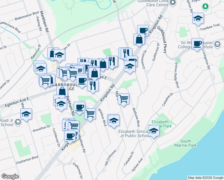 map of restaurants, bars, coffee shops, grocery stores, and more near 3655 Kingston Road in Toronto