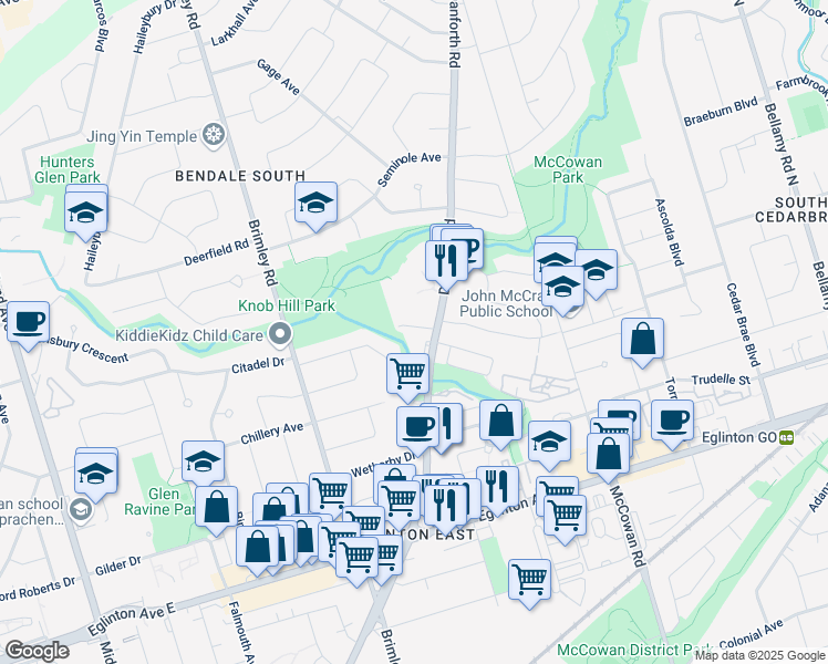 map of restaurants, bars, coffee shops, grocery stores, and more near 1330 Danforth Road in Toronto