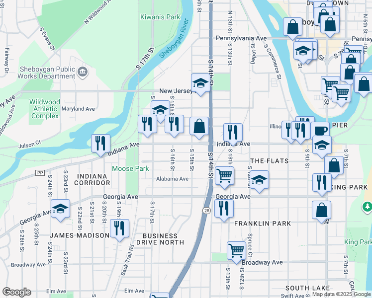 map of restaurants, bars, coffee shops, grocery stores, and more near 1103 South 15th Street in Sheboygan