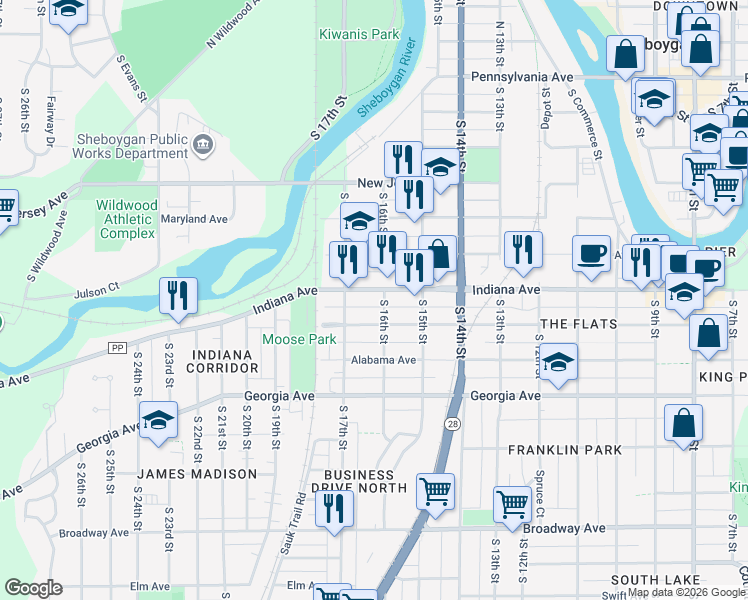 map of restaurants, bars, coffee shops, grocery stores, and more near 1531 Indiana Avenue in Sheboygan