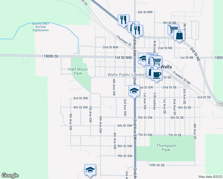 map of restaurants, bars, coffee shops, grocery stores, and more near 250 4th Avenue Southwest in Wells