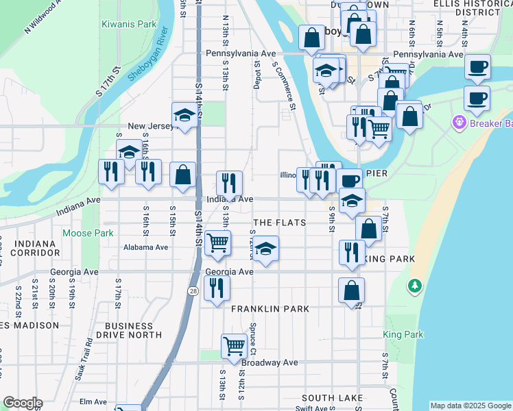 map of restaurants, bars, coffee shops, grocery stores, and more near 1211 Indiana Avenue in Sheboygan