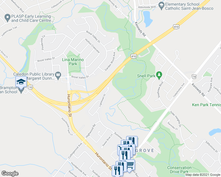 map of restaurants, bars, coffee shops, grocery stores, and more near 5 Lightheart Drive in Caledon