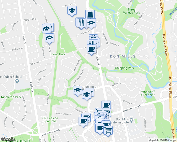 map of restaurants, bars, coffee shops, grocery stores, and more near 66 Berkinshaw Crescent in Toronto