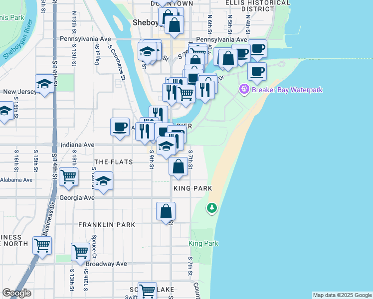 map of restaurants, bars, coffee shops, grocery stores, and more near 1106 South 7th Street in Sheboygan