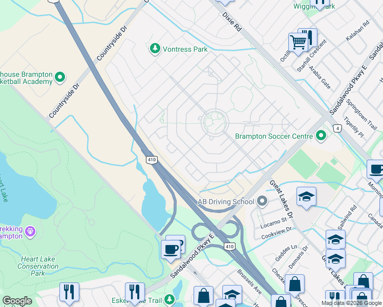 map of restaurants, bars, coffee shops, grocery stores, and more near 68 Amarillo Road in Brampton