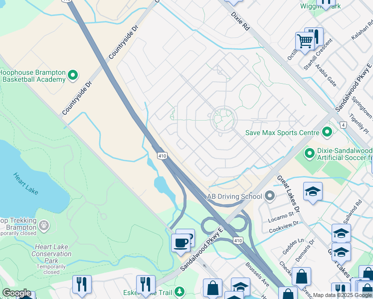 map of restaurants, bars, coffee shops, grocery stores, and more near 4 Clermiston Crescent in Brampton