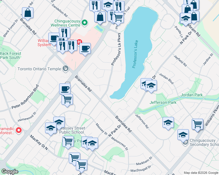 map of restaurants, bars, coffee shops, grocery stores, and more near 2 Pebble Beach Court in Brampton