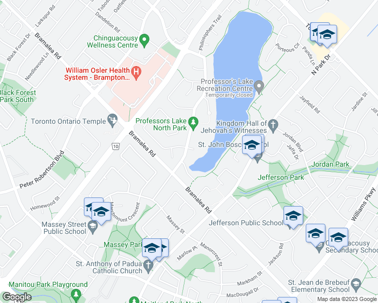 map of restaurants, bars, coffee shops, grocery stores, and more near 2 Pebble Beach Court in Brampton