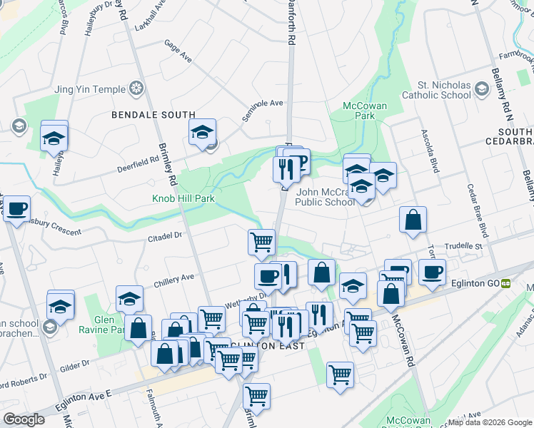 map of restaurants, bars, coffee shops, grocery stores, and more near 1330 Danforth Road in Toronto