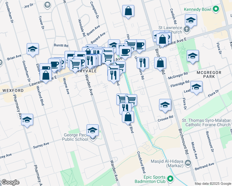 map of restaurants, bars, coffee shops, grocery stores, and more near in Toronto